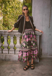 Once Was - Cordelia Placement Print Shirred Waist Silk Cotton Skirt - Anthos Lotos