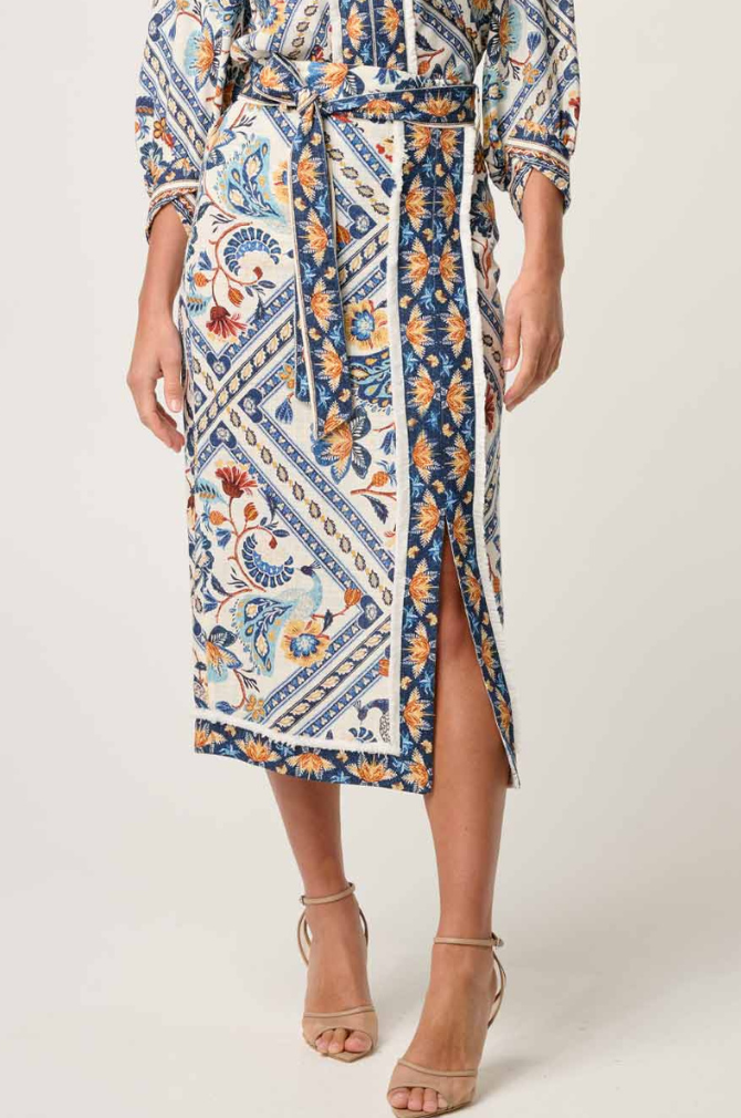 Once Was - Zenobia Linen Viscose Printed Fringe Midi Skirt - Petinos Floros