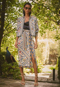 Once Was - Zenobia Linen Viscose Printed Fringe Midi Skirt - Petinos Floros