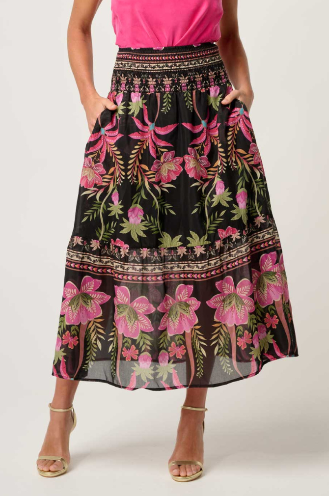 Once Was - Cordelia Placement Print Shirred Waist Silk Cotton Skirt - Anthos Lotos