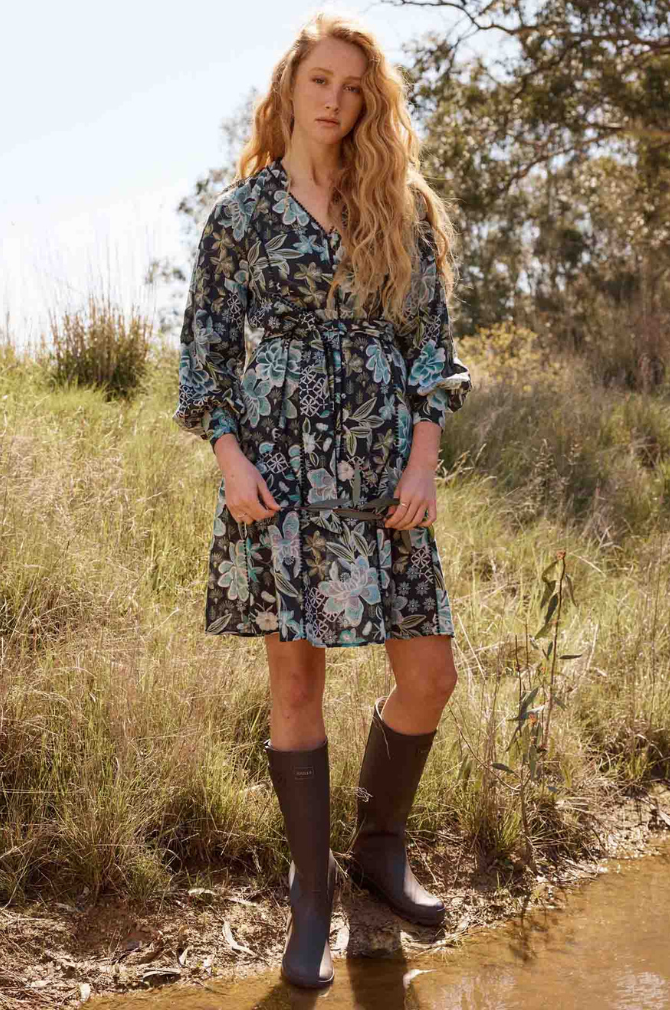 Once Was - Emerson Linen Viscose Lace Panelled Dress - Dahlia Fields