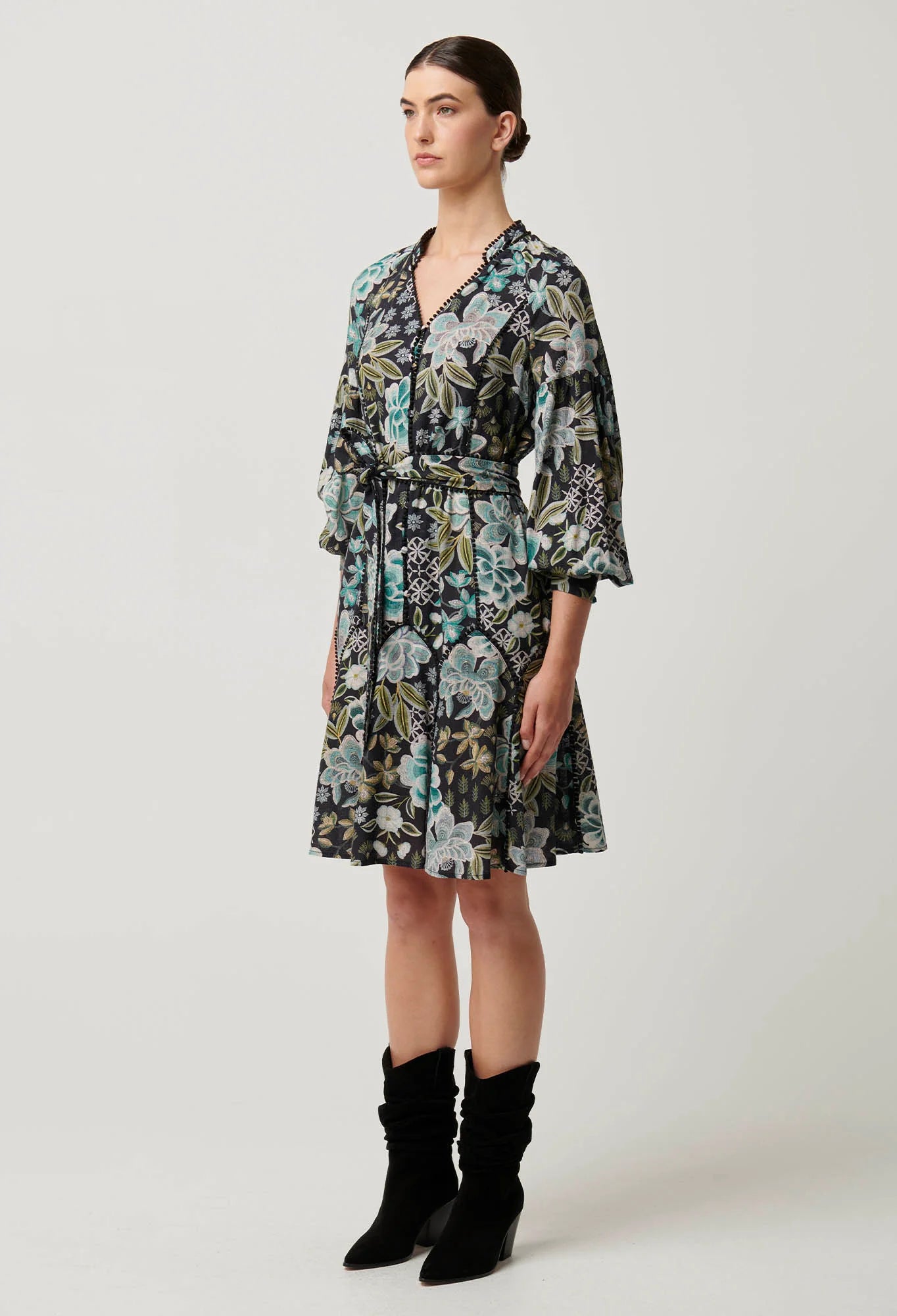 Once Was - Emerson Linen Viscose Lace Panelled Dress - Dahlia Fields