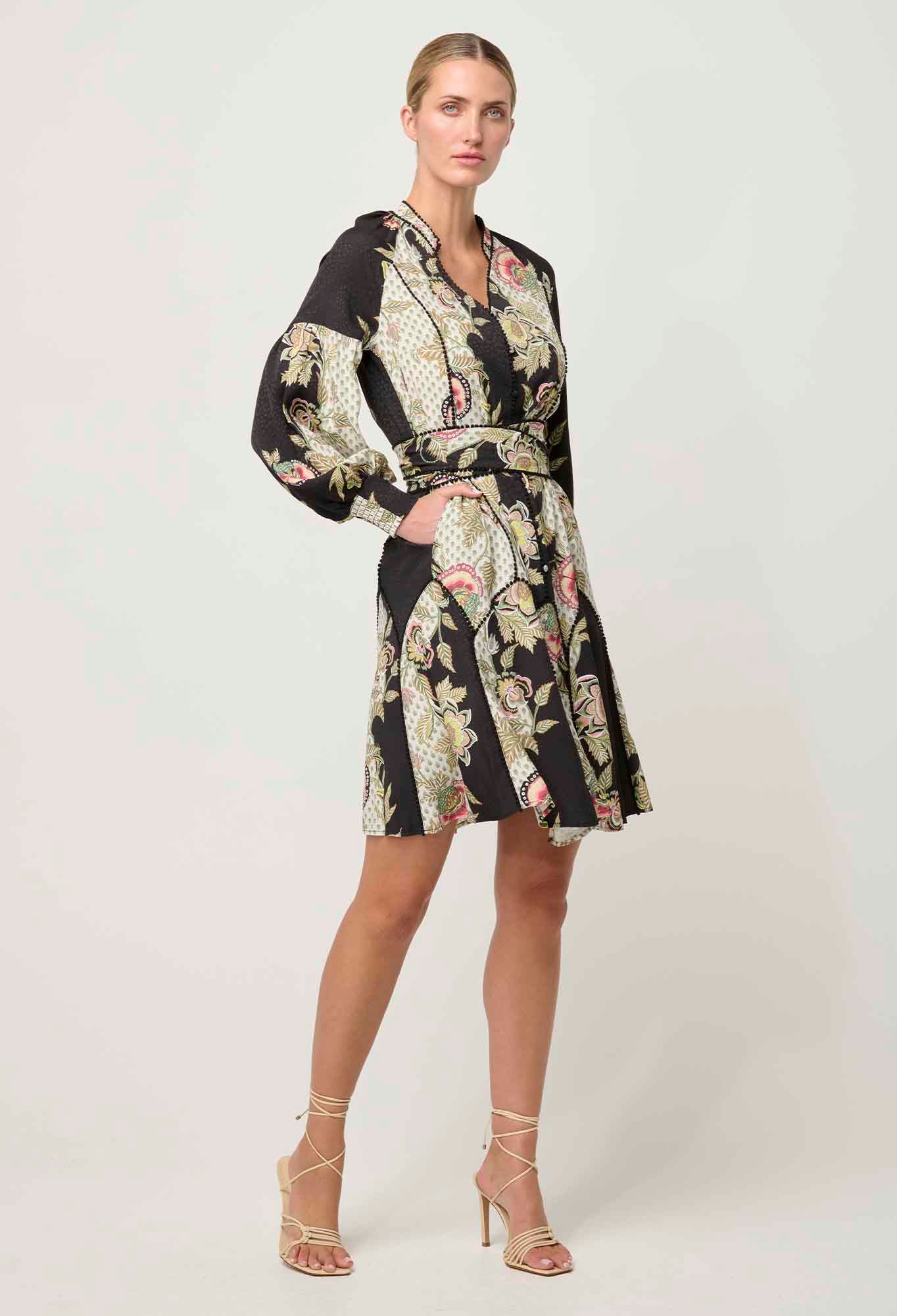 Once Was - Emersyn Viscose Dobby Lace Panelled Dress - Mariposa Nero