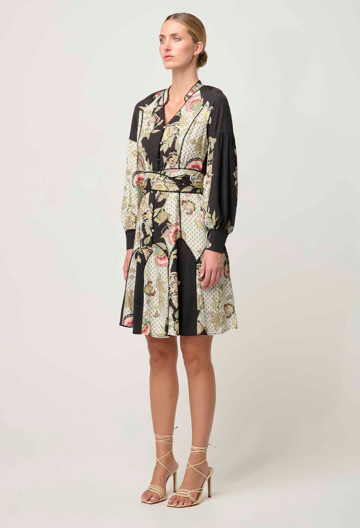Once Was - Emersyn Viscose Dobby Lace Panelled Dress - Mariposa Nero