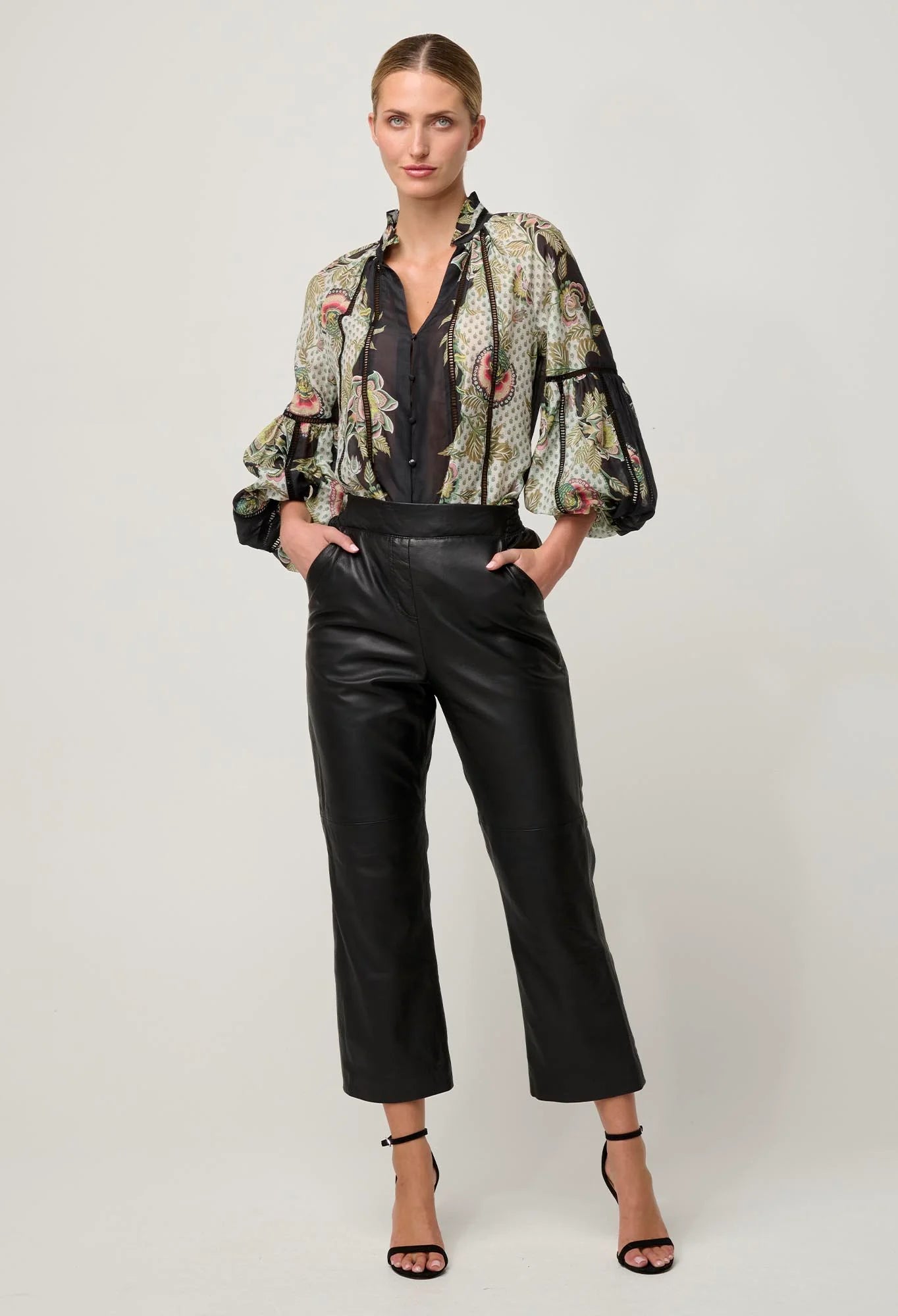 Once Was - Espada Lace Trim Spliced Placement Print Cotton Silk Blouse - Mariposa Nero