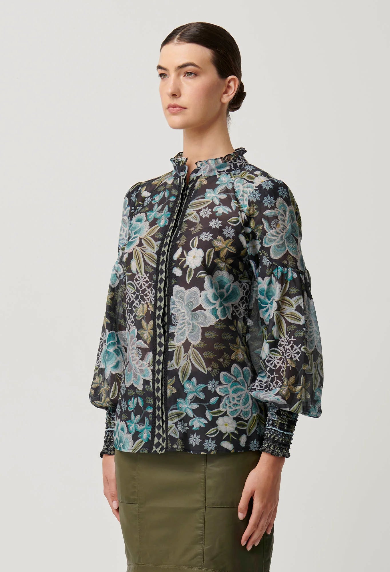 Once Was - Knox Cotton Silk Shirred Ruffle Cuffs Shirt - Dahlia Fields