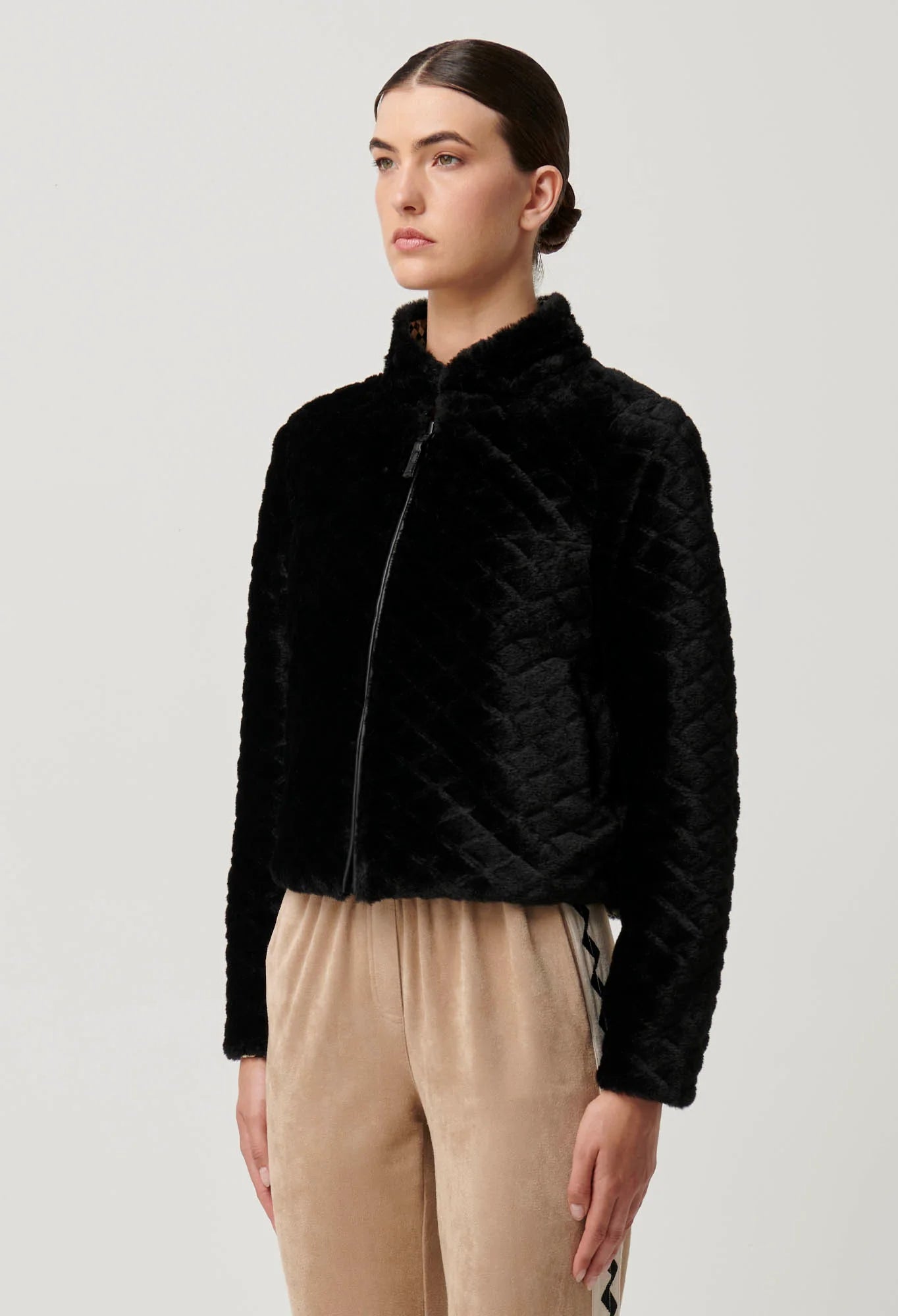 Once Was - Rylie Reversible Placement Print Ponte & Faux Fur Jacket - Black Bromegrass