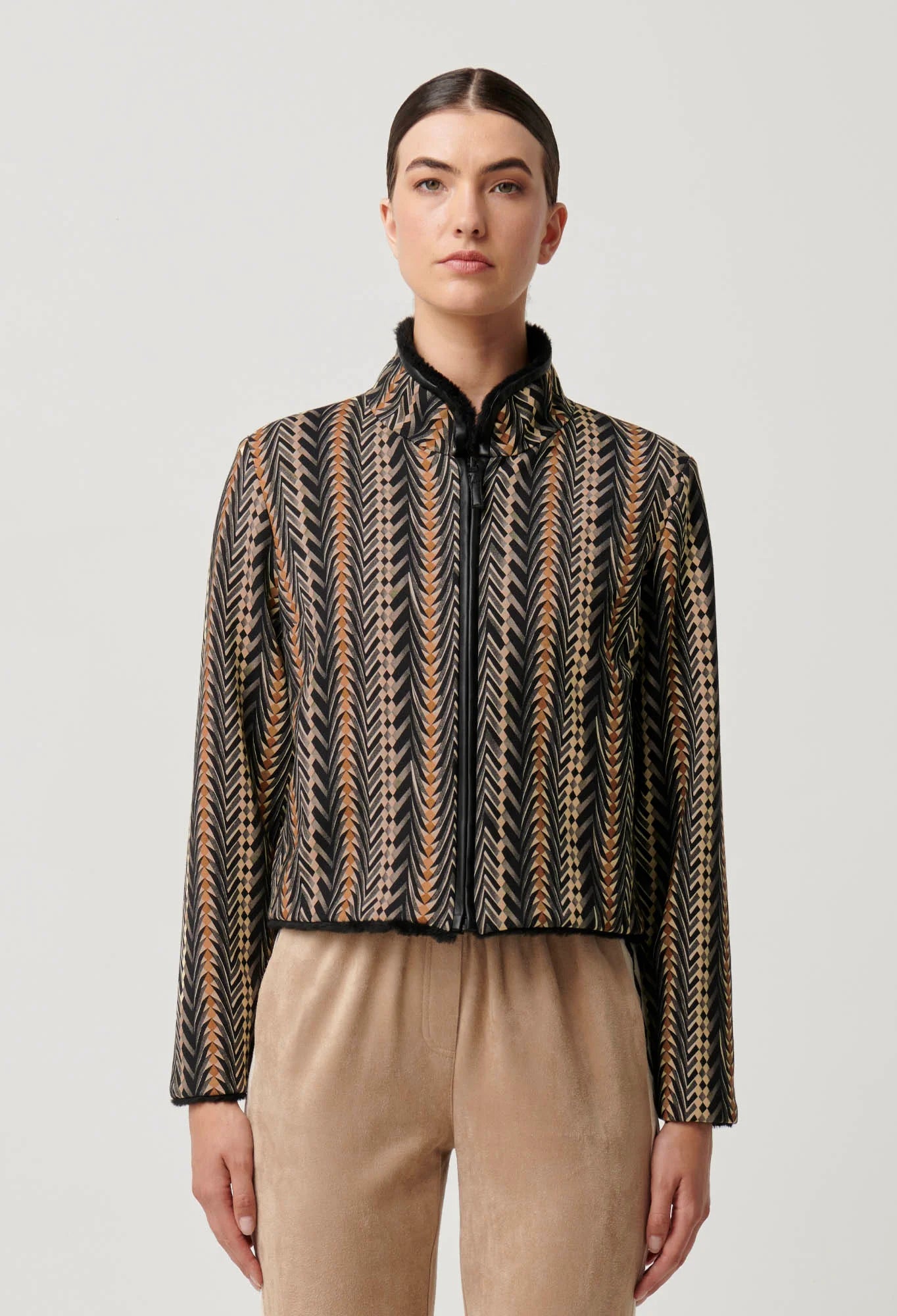 Once Was - Rylie Reversible Placement Print Ponte & Faux Fur Jacket - Black Bromegrass