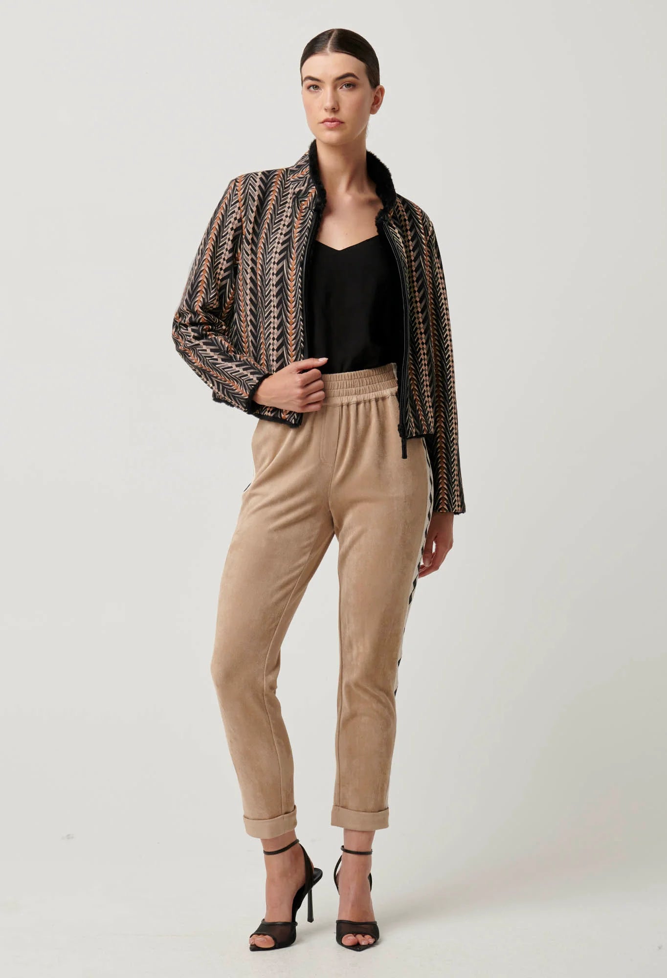 Once Was - Rylie Reversible Placement Print Ponte & Faux Fur Jacket - Black Bromegrass