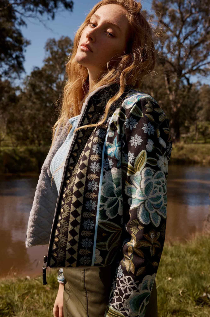 Once Was - Rylie Reversible Placement Print Ponte & Faux Fur Jacket