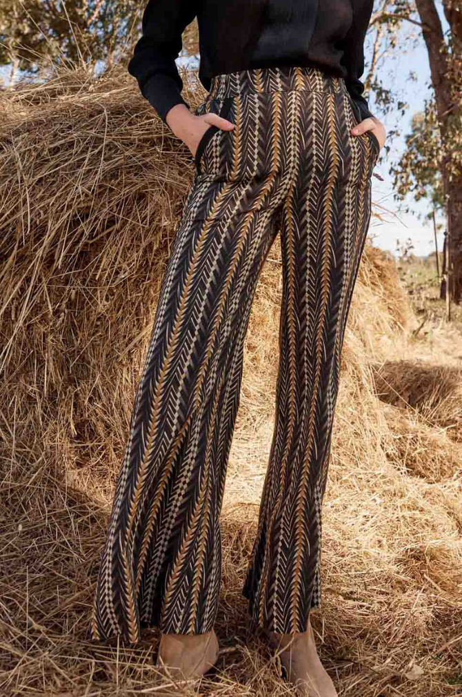 Once Was - Willow Linen Viscose Half Elastic Waist Contrast Panel Pant - Black Bromegrass Print