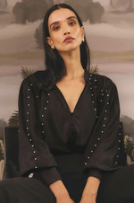 Load image into Gallery viewer, Once Was - Marcela Pearl Embellished Cupro Viscose Stretch Shirt - Black
