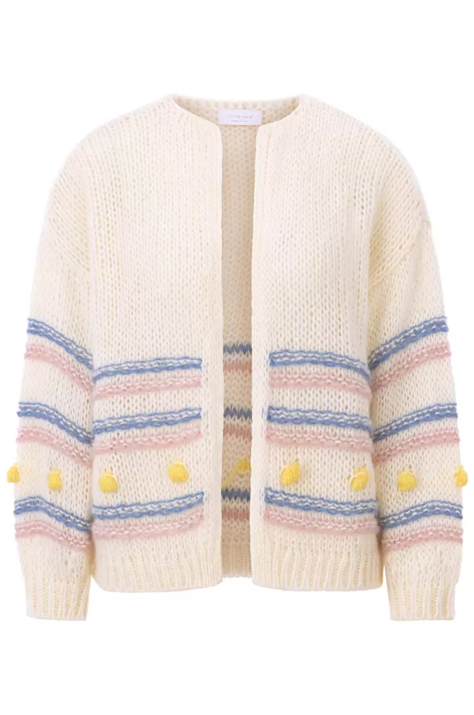 Rich And Royal - Multicoloured Striped Cardigan With Pompoms - Pearl White