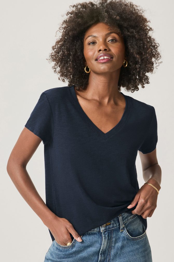Splendid - Faye 1X1 V Neck Tee - Steel Blue