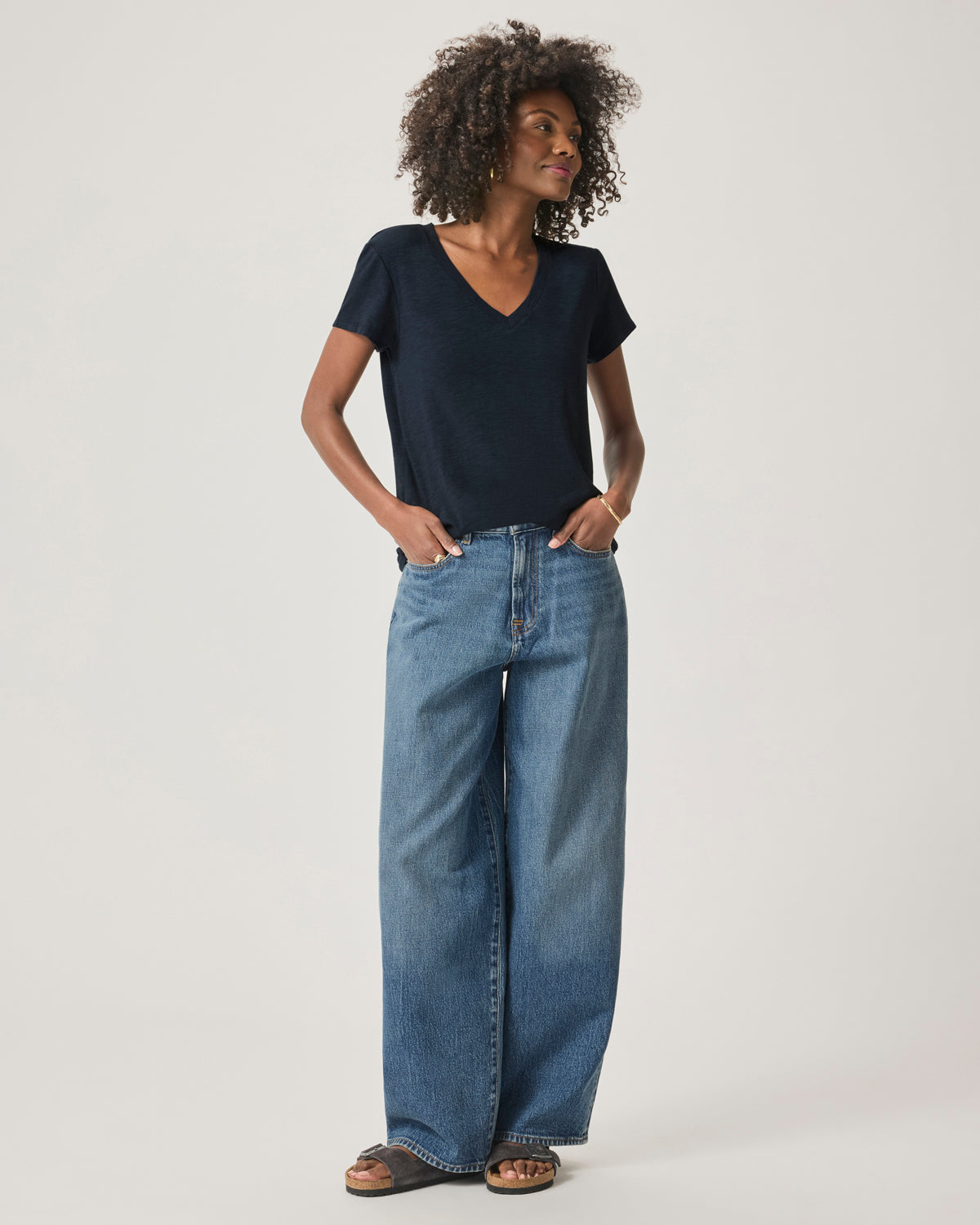 Splendid - Faye 1X1 V Neck Tee - Steel Blue