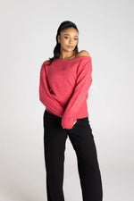 Load image into Gallery viewer, Two T's - Off The Shoulder Fluffy Knit - Raspberry
