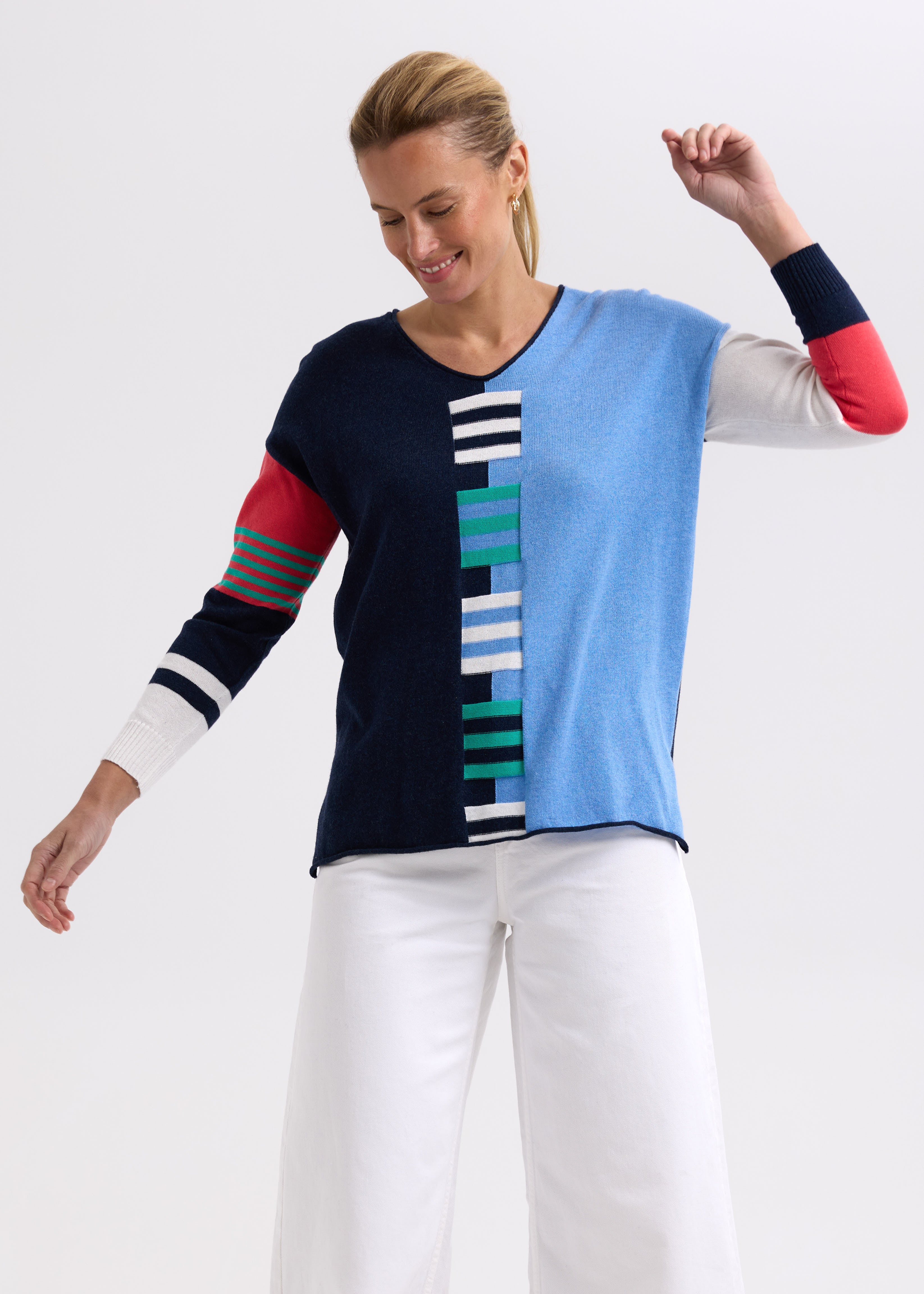 Zaket And Plover - Ladder Stripe V Jumper - Dark Denim