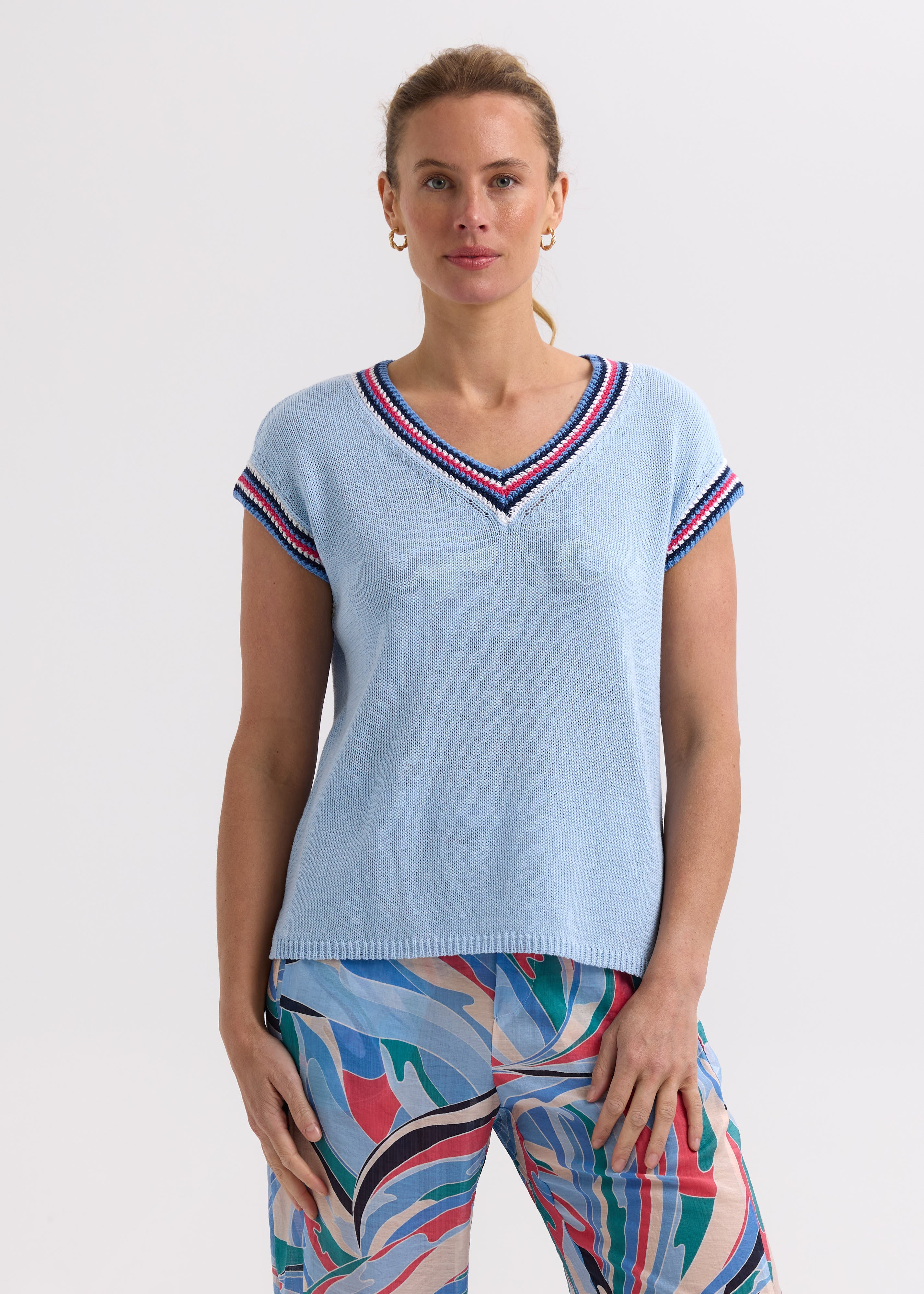 Zaket And Plover - Stripe Trim Top - Powder