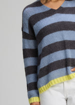 Load image into Gallery viewer, Zaket And Plover - Cozy Kid Stripe V Neck Sweater - Mist
