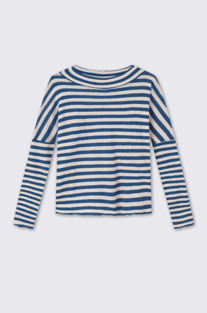 By Basics - Wide Shirt L/S With Small Turtleneck - Raw White/Denim Blue
