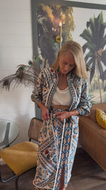 Load and play video in Gallery viewer, Once Was - Zenobia Linen Viscose Printed Fringe Midi Skirt - Petinos Floros
