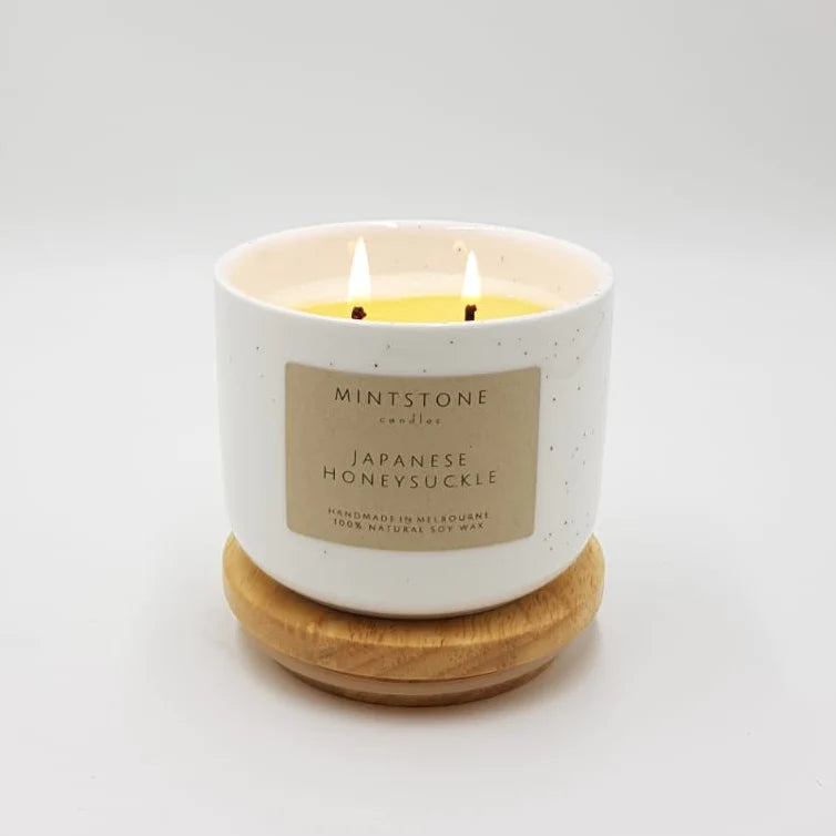 Mintstone | Medium Double Wick Soy Candle Ceramic Vessel Japanese Honeysuckle