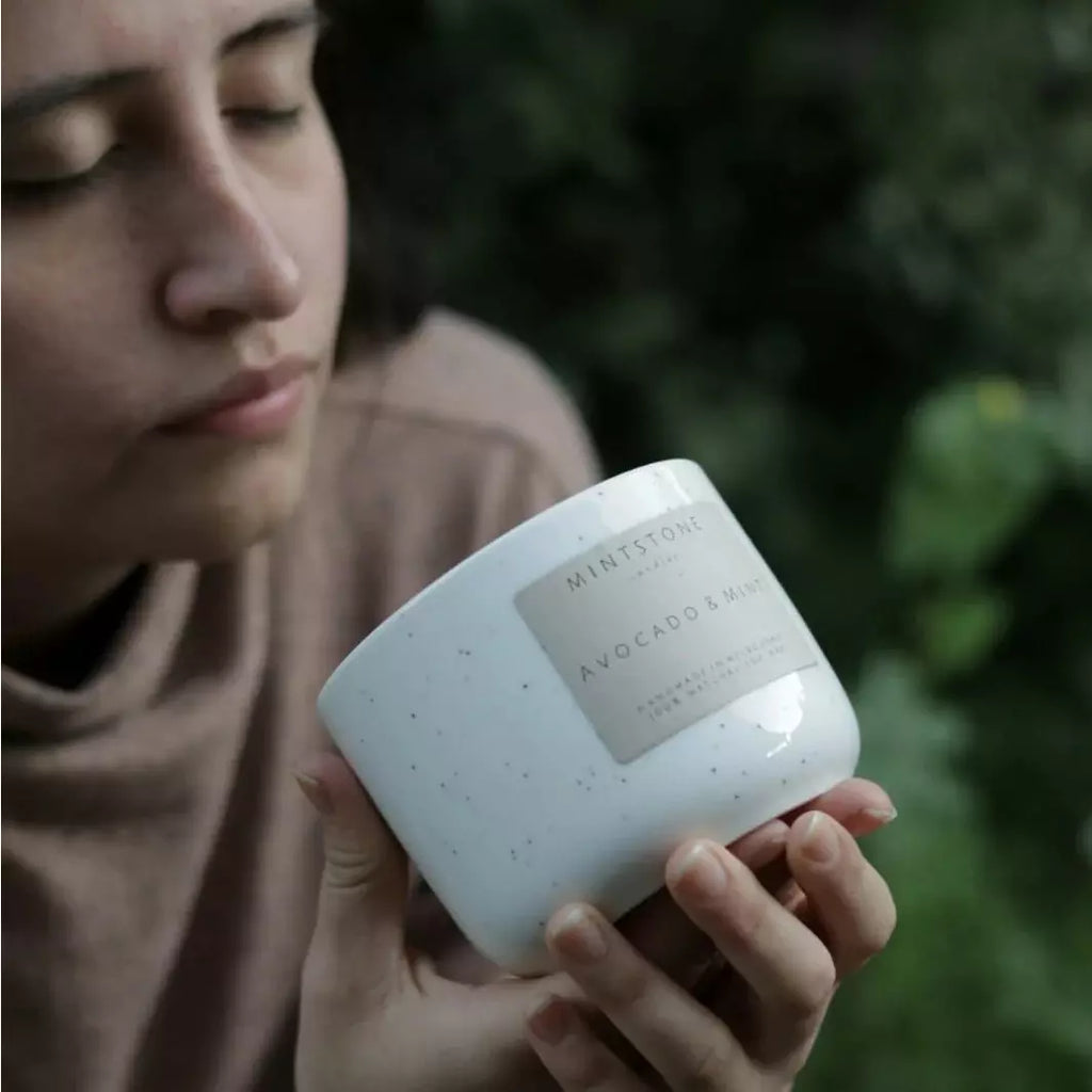 Mintstone | Medium Double Wick Soy Candle Ceramic Vessel Avocado & Mint