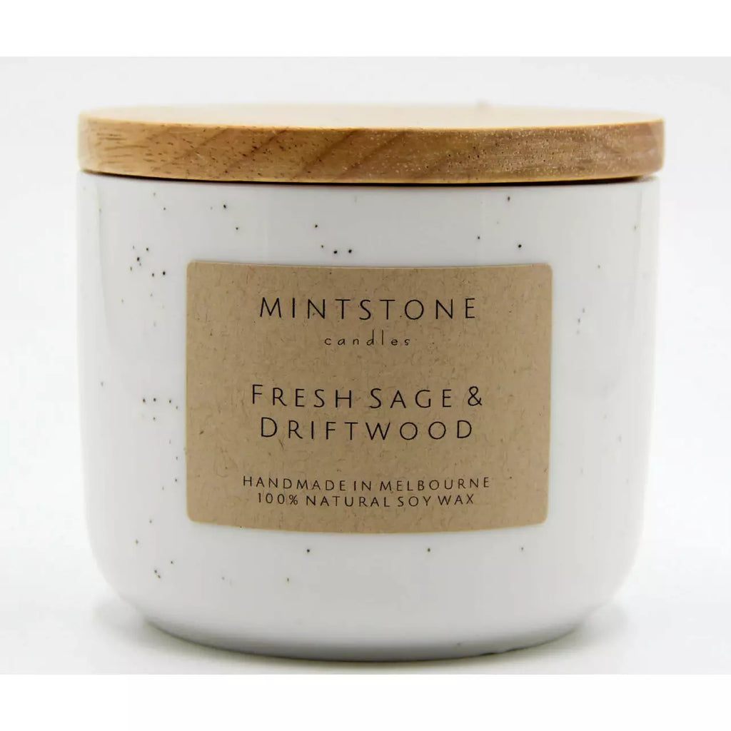 Mintstone | Medium Double Wick Soy Candle Ceramic Vessel Fresh Sage & Driftwood